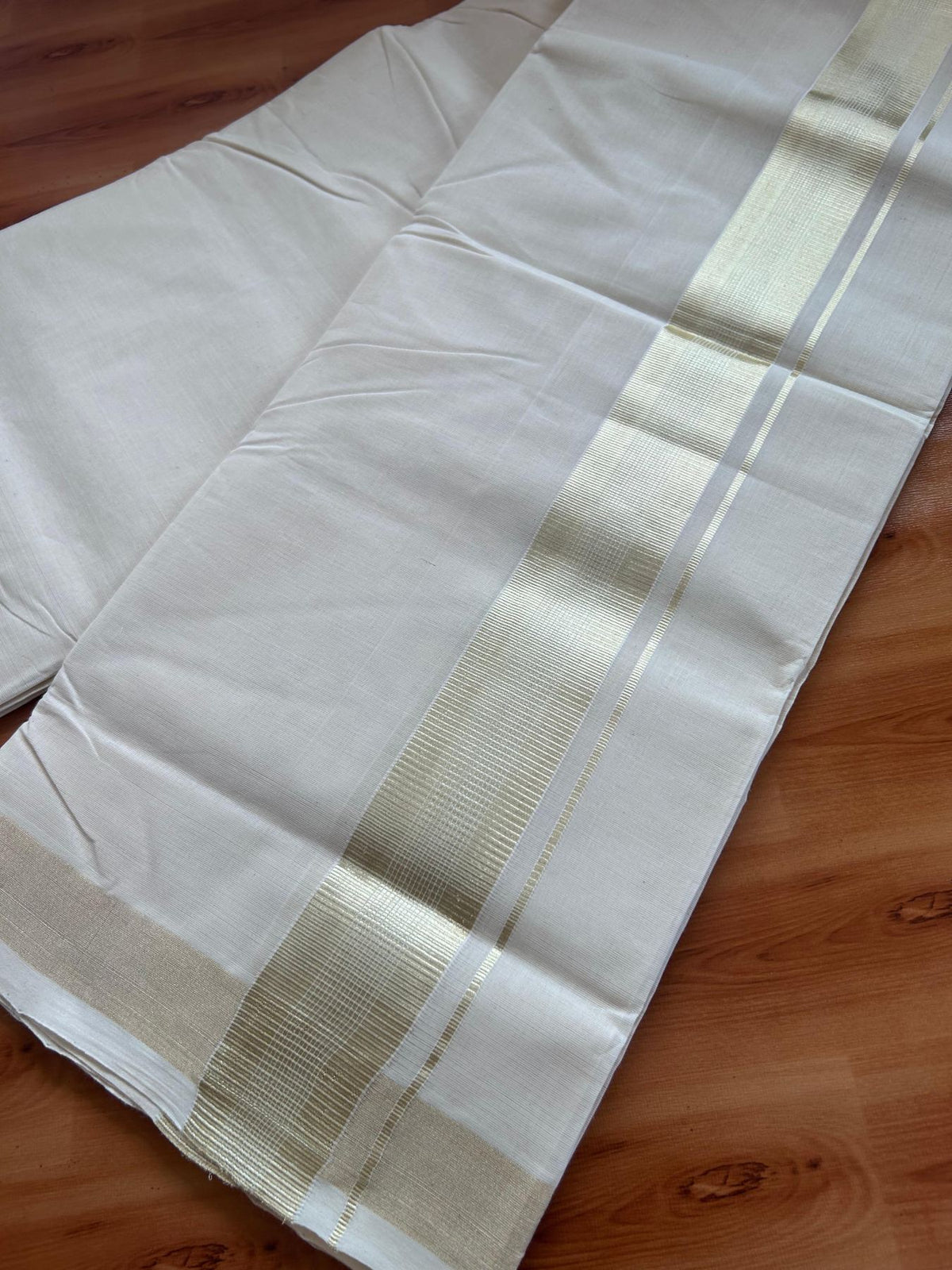 Off White (Unbleached) Double Mundu/Dhoti - 25% Discount! KaithariKada Handloom Millpaav - Kerala Handloom - 100% Pure Cotton - 80x90 - 1.5 inch Antique Light Gold Kasav striped Kara 4 Meters (8.5 Muzham) - 33 KK5508 RAM