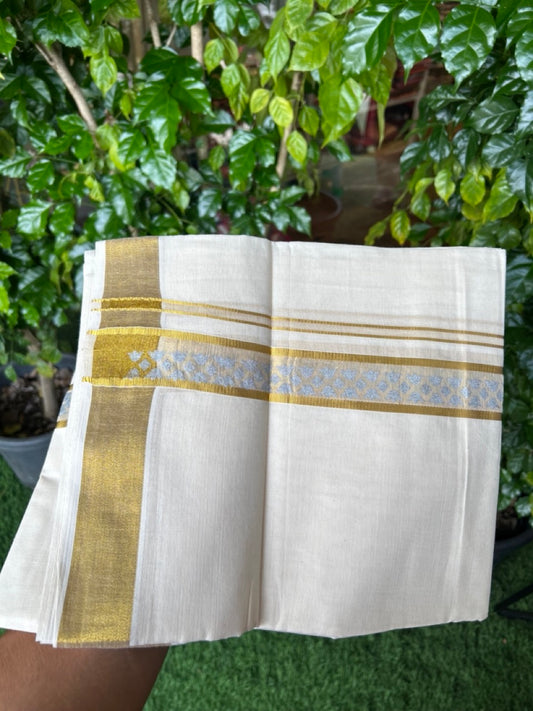 22% Discount!! KaithariKada Balaramapuram 100% Cotton DOUBLE OFF WHITE - (Ubleached) Mundu/Dhoti - 80x90 - 1.5 inch Gold Kasavu with Silver Printed Design Kara - 24KK5219 GAN