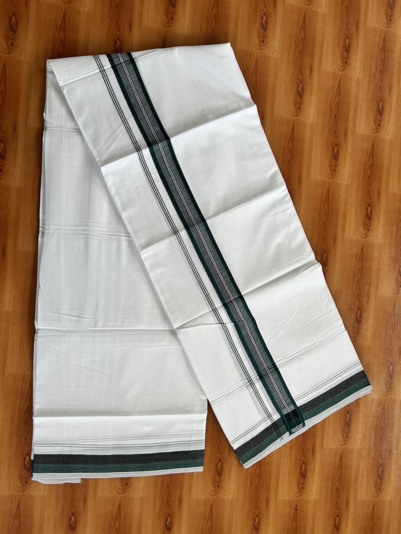 Double Pure white Mundu/Dhoti- 20% Discount! KaithariKada Balaramapuram 100% Cotton  - 100X80 - 1.25 inch Green & Black Shaded Design Striped kara - 3.90 mtr (8 muzham) - 11 KK5444 VIN
