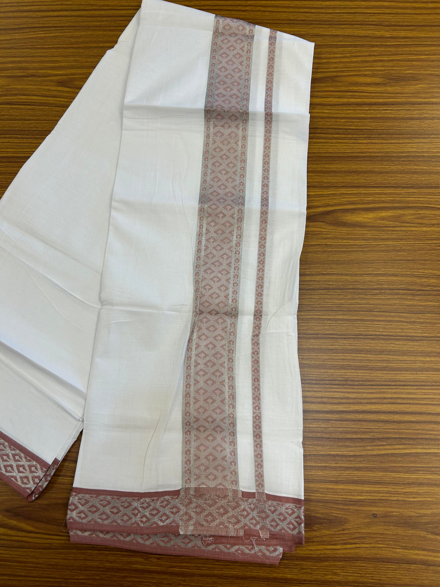 20% Discount ! KaithariKada Balaramapuram 100% Pure Cotton Single Pure White Mundu/Dhoti - 70X30 - 1.5 inch Silver Kasav & Peach Pink Jacquard Design Dual kara 1.90 mtr (4 Muzham) - 5 KK5360 CJT