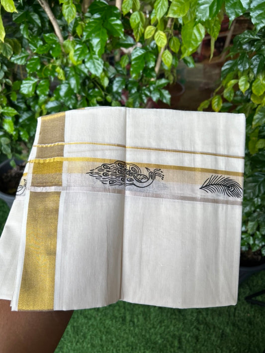 22% Discount!! KaithariKada Balaramapuram 100% Cotton DOUBLE OFF WHITE - (Ubleached) Mundu/Dhoti - 80x90 - 1.75 inch Gold & Silver Kasavu  Shaded with Black Peacock & Peacock Feather Printed Design Kara - 23KK5219 GAN