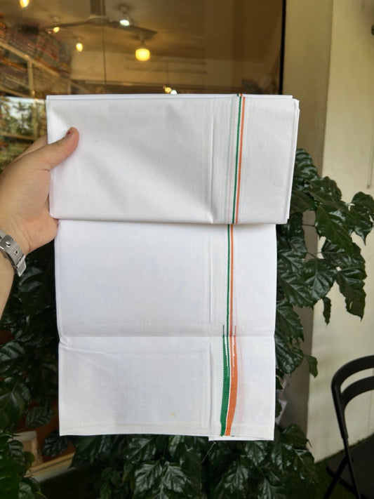 Congress Vesti - 20% Discount ! KaithariKada 100% Cotton Single Pure White Mundu/Dhoti - Twisted 100s Thread - 0.5 inch Puliyilakkara Orange White & Green Chutty Kara (2 meter / 4 muzham) - 9 KK5296 ASH