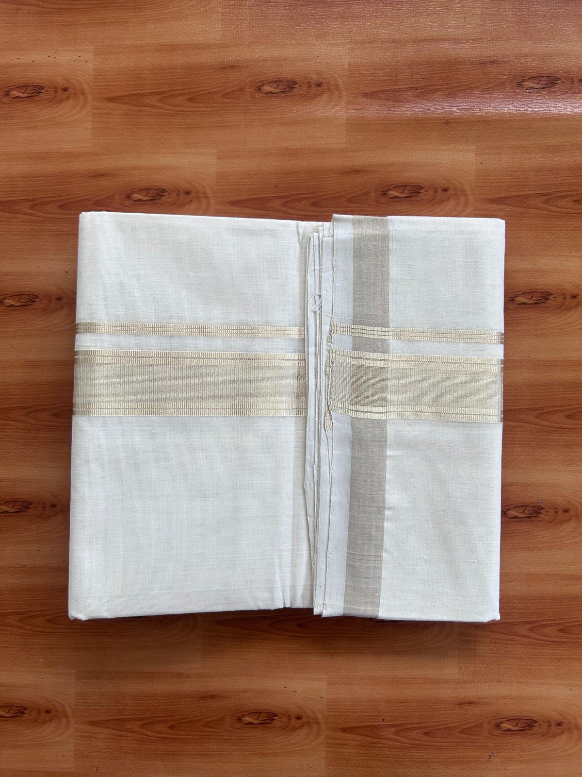 Off White (Unbleached) Double Mundu/Dhoti - 25% Discount! KaithariKada Handloom Millpaav - Kerala Handloom - 100% Pure Cotton - 80x90 - 1.5 inch Antique Light Gold Kasav striped Kara 4 Meters (8.5 Muzham) - 34 KK5508 RAM