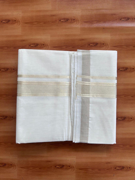 Off White (Unbleached) Double Mundu/Dhoti - 25% Discount! KaithariKada Handloom Millpaav - Kerala Handloom - 100% Pure Cotton - 80x90 - 1.5 inch Antique Light Gold Kasav striped Kara 4 Meters (8.5 Muzham) - 34 KK5508 RAM