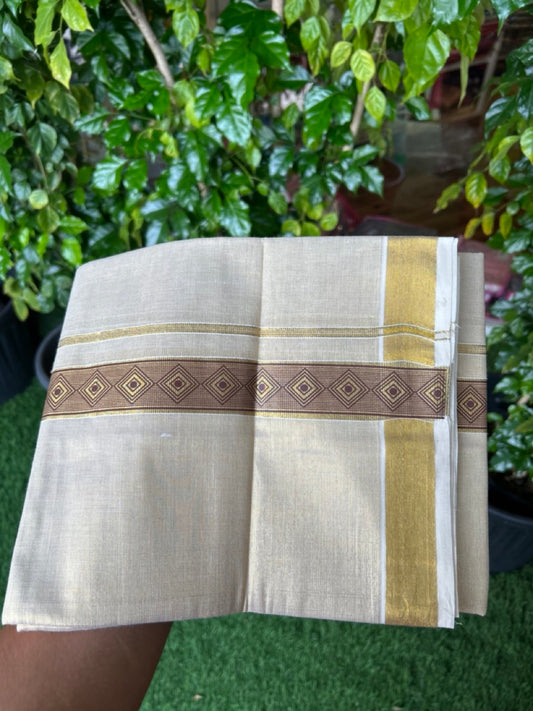 22% DISCOUNT!! KaithariKada Balaramapuram Double OFF WHITE Mundu/Dhoti - 80x72 - Tissue Body with 1.5 Inch Brown & Gold Kasav Printed Design Kara - 5KK5219 GAN