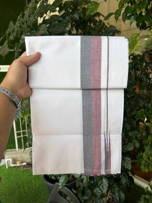 DMK Veshti - 20% DISCOUNT ! KaithariKada Balaramapuram 100% COTTON SINGLE PURE WHITE Mundu/Dhoti- 100X100 - 2 inch Maroon & Black Kara (2 meter /4 muzham) - 5 KK5296 ASH