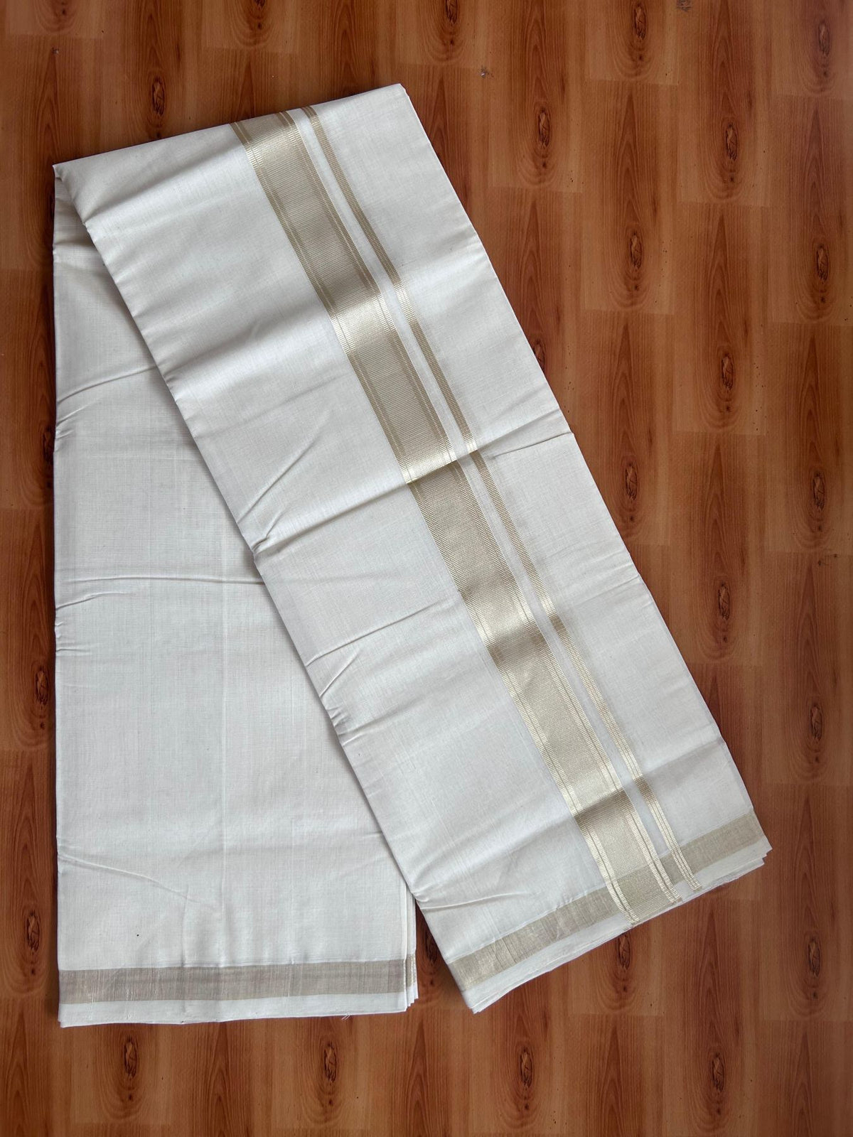 Off White (Unbleached) Double Mundu/Dhoti - 25% Discount! KaithariKada Handloom Millpaav - Kerala Handloom - 100% Pure Cotton - 80x90 - 1.5 inch Antique Light Gold Kasav striped Kara 4 Meters (8.5 Muzham) - 34 KK5508 RAM