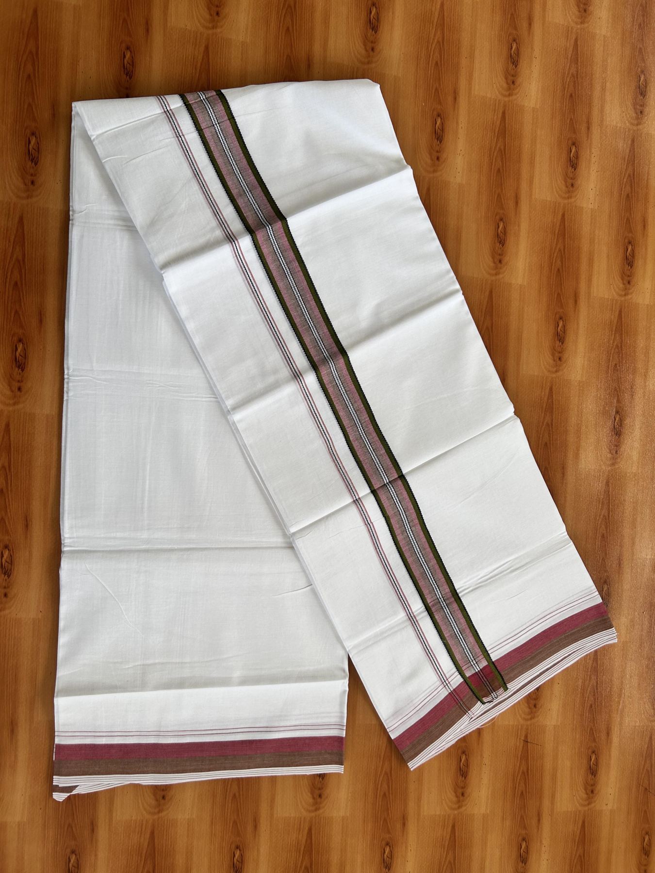 Double Pure white Mundu/Dhoti- 20% Discount! KaithariKada Balaramapuram 100% Cotton  - 100X80 - 1.25 inch Olive Green & Pink Shaded Design Striped kara - 3.90 mtr (8 muzham) - 14 KK5444 VIN