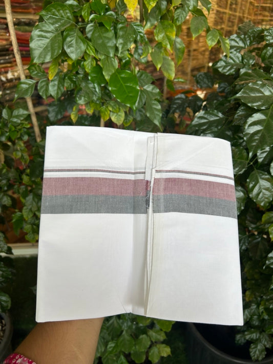 DMK Veshti - 20% Discount ! KaithariKada Balaramapuram 100% Cotton Single Pure White  Mundu/Dhoti- Twisted 100s Thread - 1.75 inch Puliyilakkara Maroon & Black Shaded Kara (2 meter / 4 muzham) - 1 KK5296 ASH