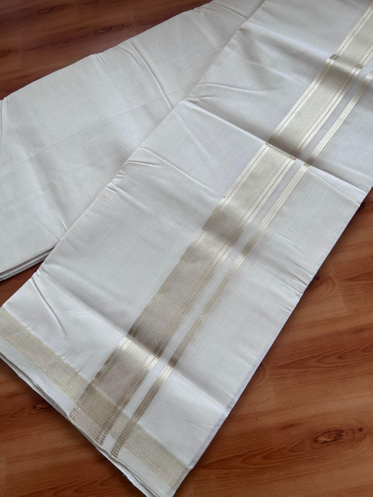 Off White (Unbleached) Double Mundu/Dhoti - 25% Discount! KaithariKada Handloom Millpaav - Kerala Handloom - 100% Pure Cotton - 80x90 - 1.5 inch Antique Light Gold Kasav striped Kara 4 Meters (8.5 Muzham) - 34 KK5508 RAM