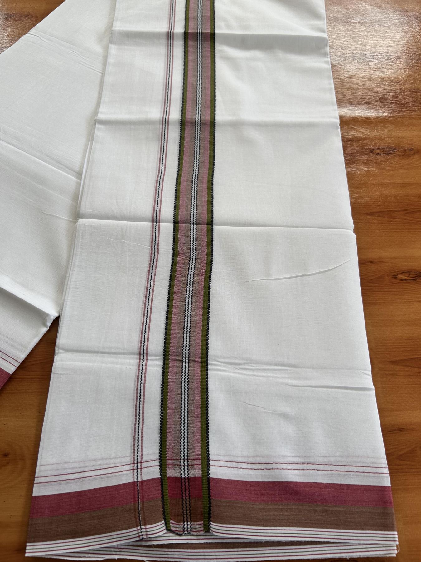 Double Pure white Mundu/Dhoti- 20% Discount! KaithariKada Balaramapuram 100% Cotton  - 100X80 - 1.25 inch Olive Green & Pink Shaded Design Striped kara - 3.90 mtr (8 muzham) - 14 KK5444 VIN