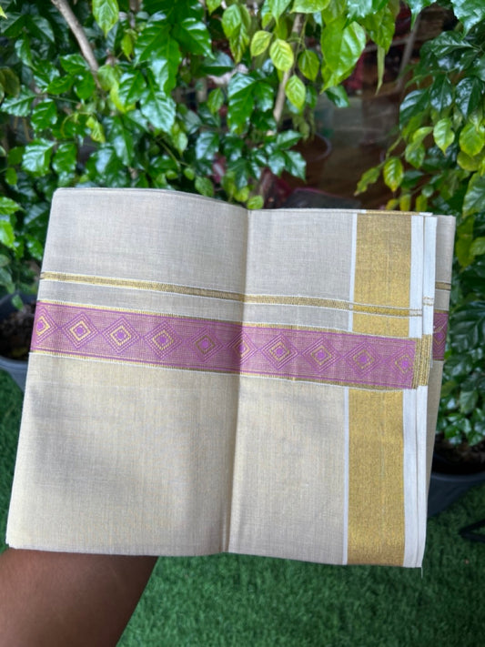 22% DISCOUNT!! KaithariKada Balaramapuram Double OFF WHITE Mundu/Dhoti - 80x72 - Tissue Body with 1.5 Inch Lavender Pink & Gold Kasav Printed Design Kara - 3KK5219 GAN