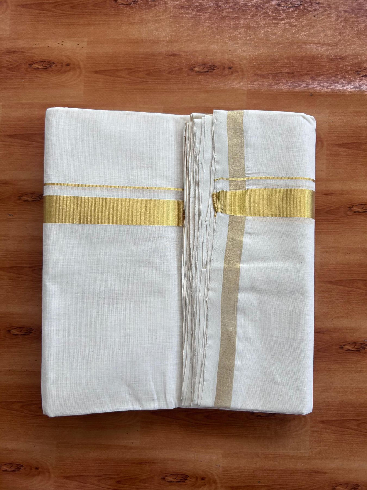 Off White (Unbleached) Double Mundu/Dhoti - 25% Discount! KaithariKada Handloom Millpaav - Kerala Handloom - 100% Pure Cotton - 80x90 - 1 inch Gold Kasav Kara 4.5 Meters (10 Muzham) - 42 KK5508 RAM