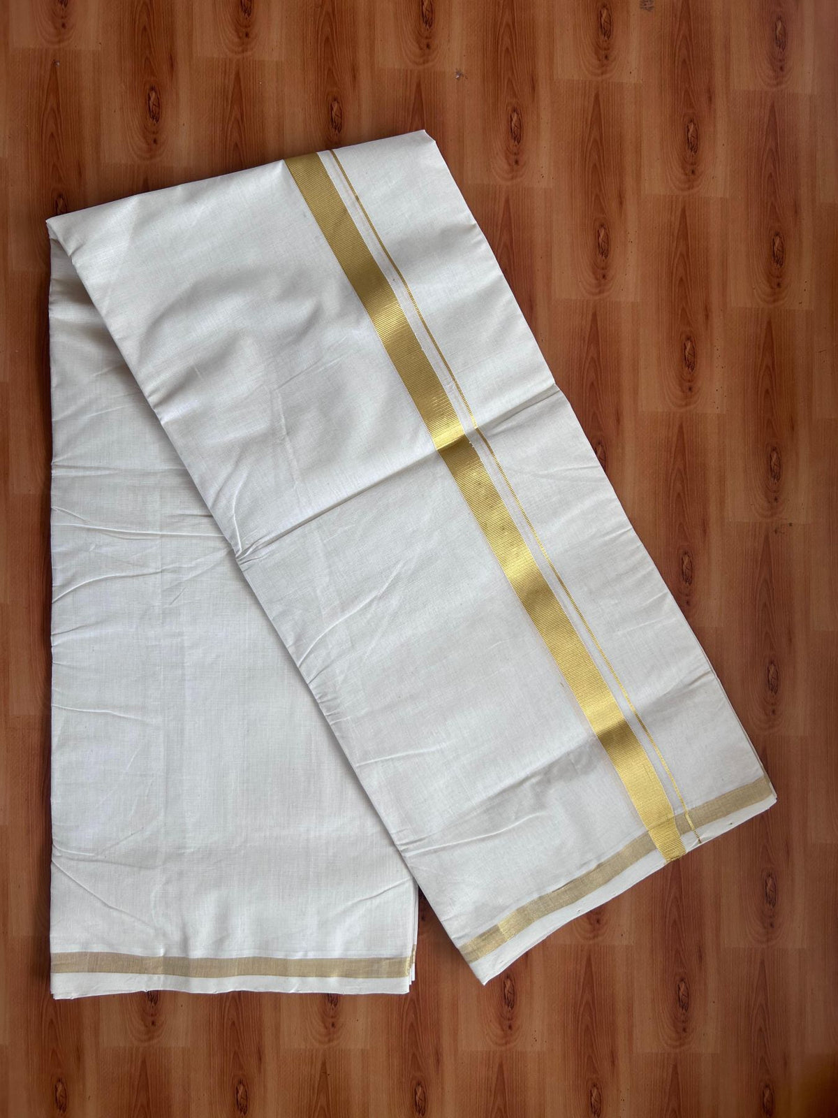 Off White (Unbleached) Double Mundu/Dhoti - 25% Discount! KaithariKada Handloom Millpaav - Kerala Handloom - 100% Pure Cotton - 80x90 - 1 inch Gold Kasav Kara 4.5 Meters (10 Muzham) - 42 KK5508 RAM