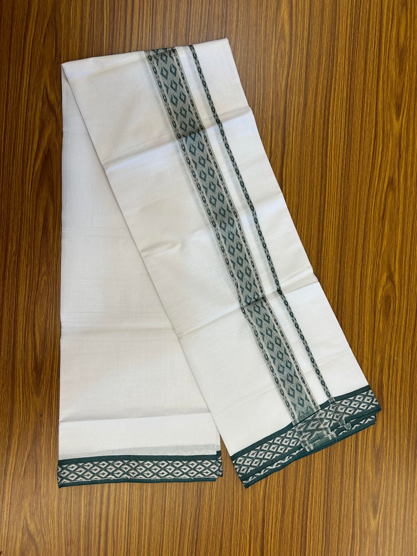 20% Discount ! KaithariKada Balaramapuram 100% Pure Cotton Single Pure White Mundu/Dhoti - 70X30 - 1.75 inch Silver Kasav & Green Jacquard Design Dual kara 1.90 mtr (4 Muzham) - 8 KK5360 CJT