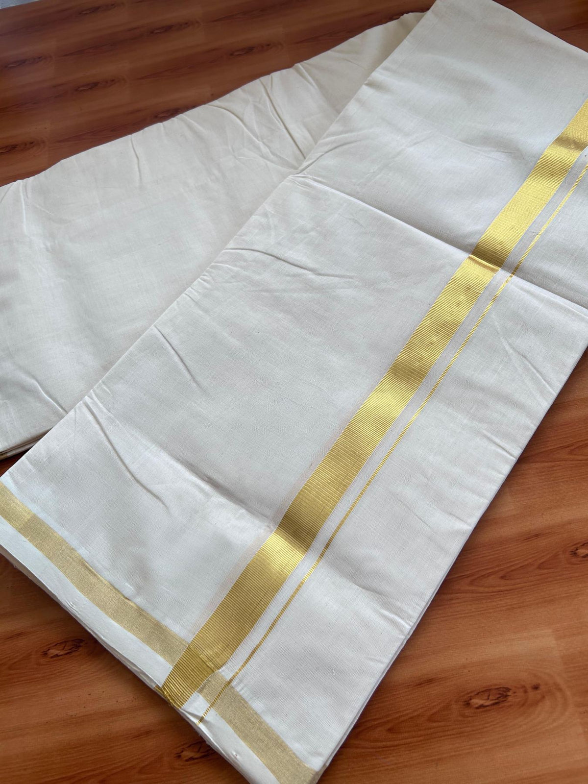 Off White (Unbleached) Double Mundu/Dhoti - 25% Discount! KaithariKada Handloom Millpaav - Kerala Handloom - 100% Pure Cotton - 80x90 - 1 inch Gold Kasav Kara 4.5 Meters (10 Muzham) - 42 KK5508 RAM
