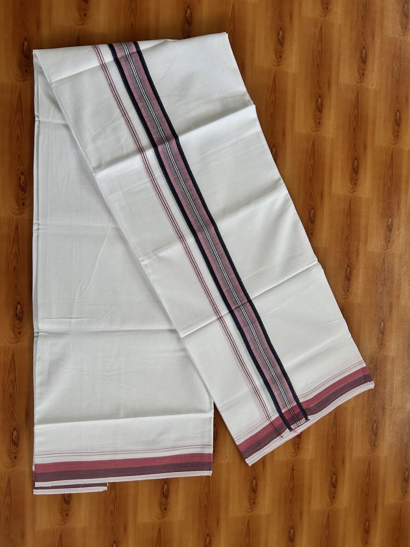 Double Pure white Mundu/Dhoti- 20% Discount! KaithariKada Balaramapuram 100% Cotton  - 100X80 - 1.25 inch Pink & Navy Blue & Black Shaded Design Striped kara - 3.90 mtr (8 muzham) - 20 KK5444 VIN