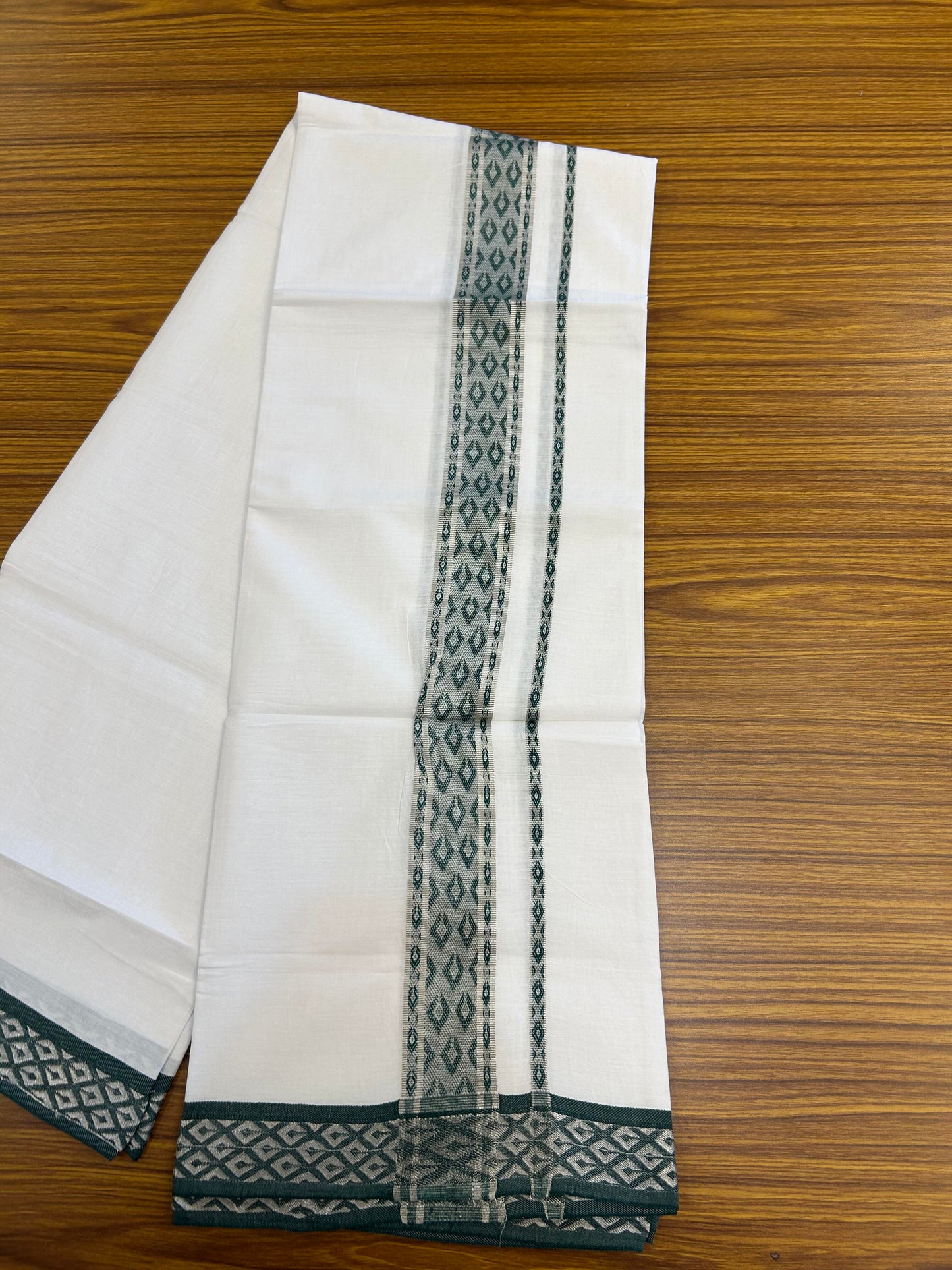 20% Discount ! KaithariKada Balaramapuram 100% Pure Cotton Single Pure White Mundu/Dhoti - 70X30 - 1.75 inch Silver Kasav & Green Jacquard Design Dual kara 1.90 mtr (4 Muzham) - 8 KK5360 CJT