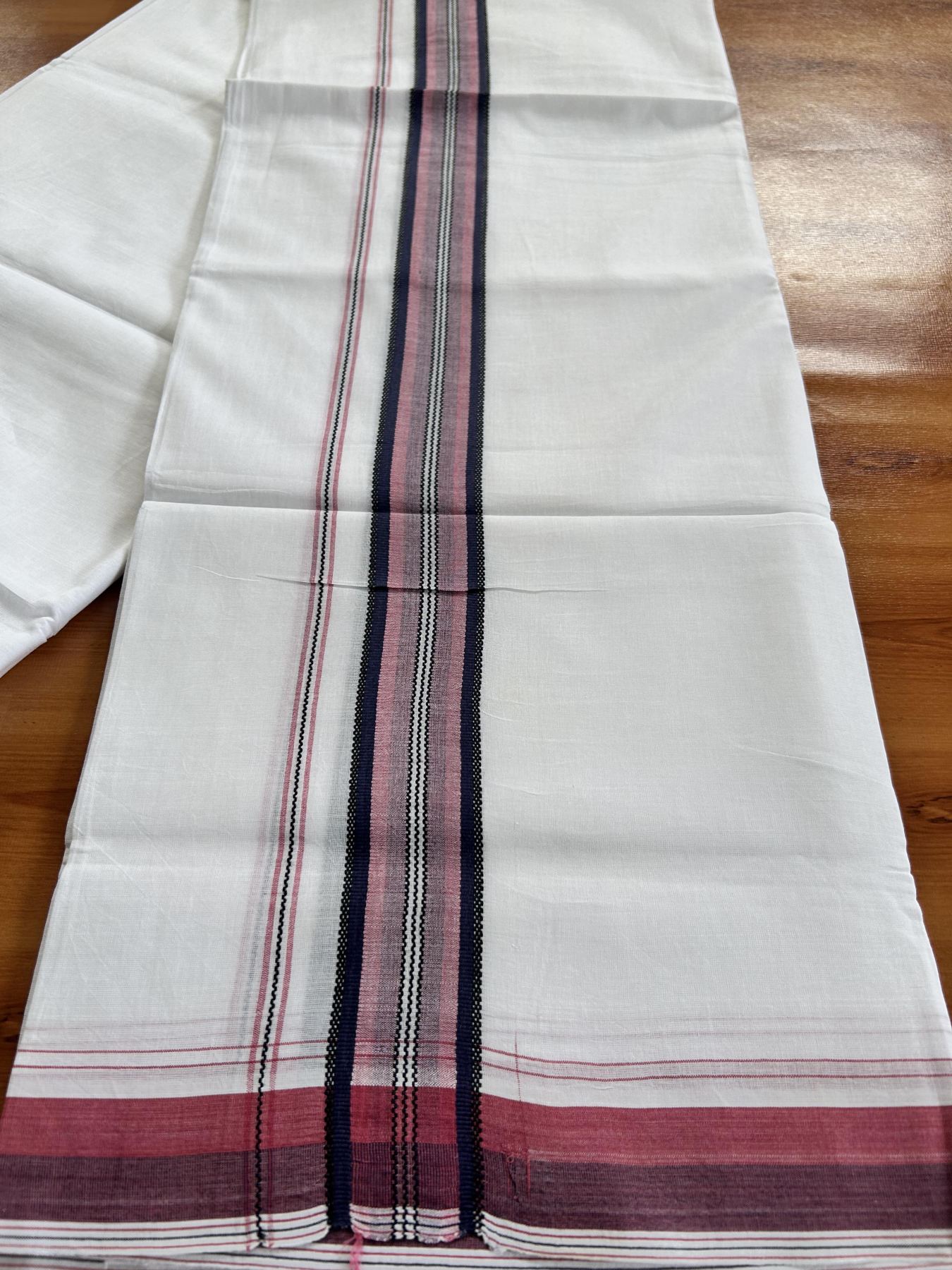Double Pure white Mundu/Dhoti- 20% Discount! KaithariKada Balaramapuram 100% Cotton  - 100X80 - 1.25 inch Pink & Navy Blue & Black Shaded Design Striped kara - 3.90 mtr (8 muzham) - 20 KK5444 VIN