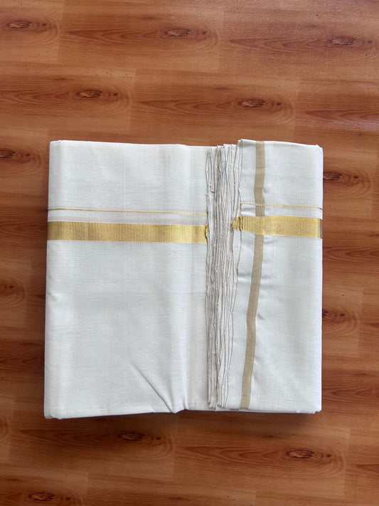 Off White (Unbleached) Double Mundu/Dhoti - 25% Discount! KaithariKada Handloom Millpaav - Kerala Handloom - 100% Pure Cotton - 80x90 - 0.75 inch Gold Kasav Kara 4 Meters (8.5 Muzham) - 41 KK5508 RAM
