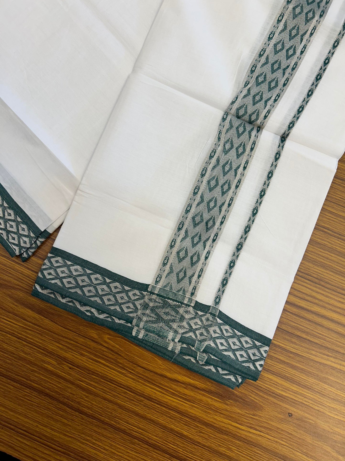 20% Discount ! KaithariKada Balaramapuram 100% Pure Cotton Single Pure White Mundu/Dhoti - 70X30 - 1.75 inch Silver Kasav & Green Jacquard Design Dual kara 1.90 mtr (4 Muzham) - 8 KK5360 CJT