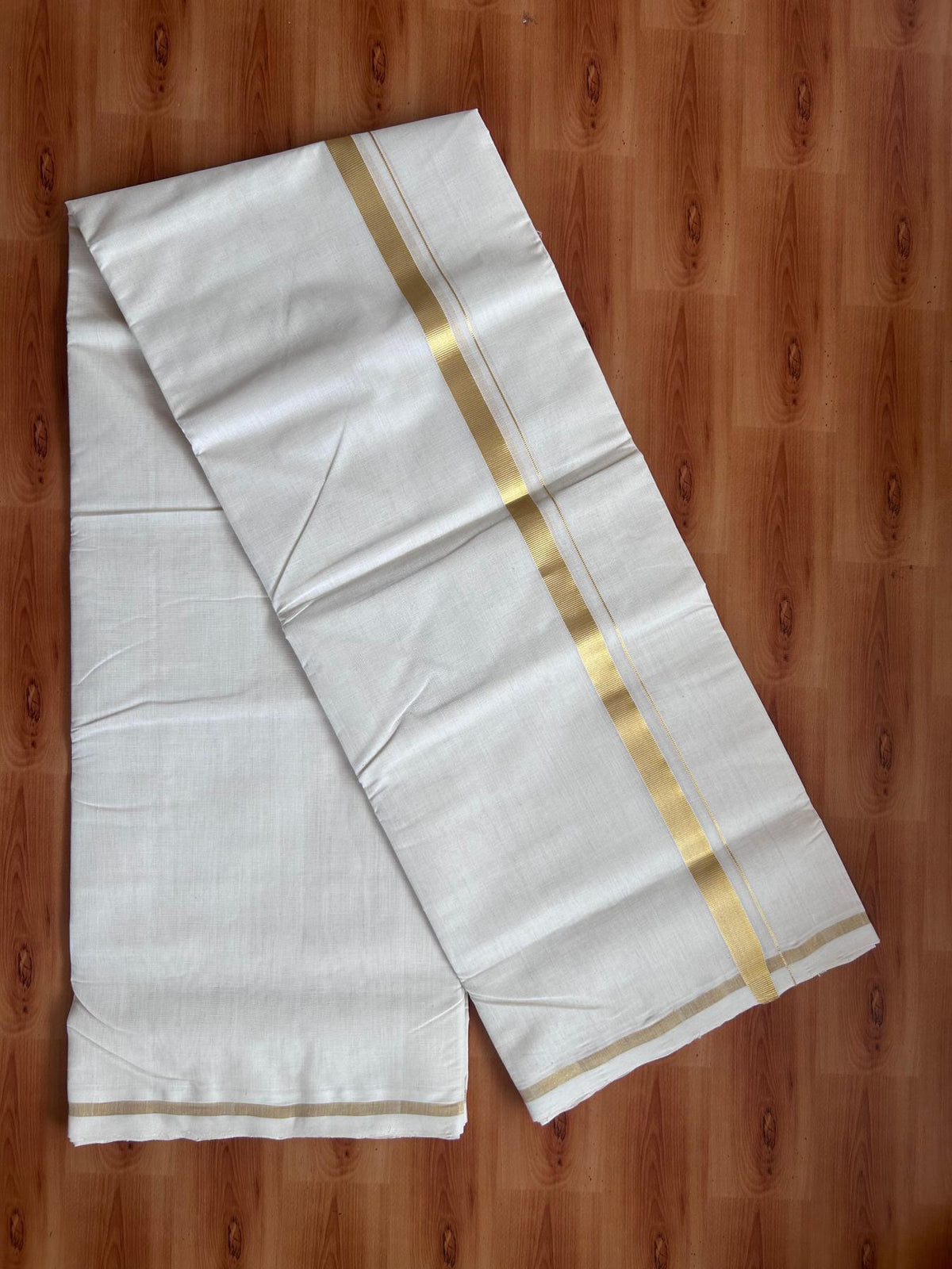 Off White (Unbleached) Double Mundu/Dhoti - 25% Discount! KaithariKada Handloom Millpaav - Kerala Handloom - 100% Pure Cotton - 80x90 - 0.75 inch Gold Kasav Kara 4 Meters (8.5 Muzham) - 41 KK5508 RAM