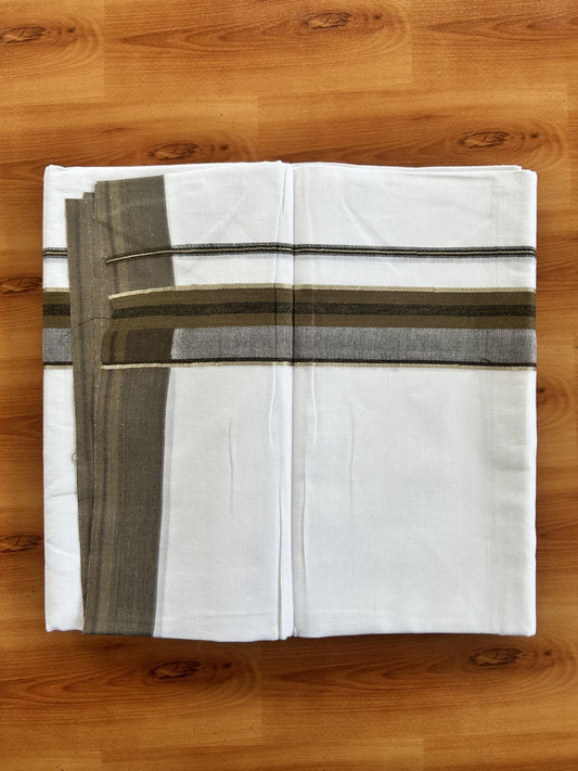Double Pure White Mundu/Dhoti - 20% Discount ! KaithariKada Balaramapuram 100% Cotton - 100x80 - 1.5 inch Silver Kasav & Brown & Black Shaded Striped Kara 3.90 Mtr (8 muzham) - 35 KK5444 VIN