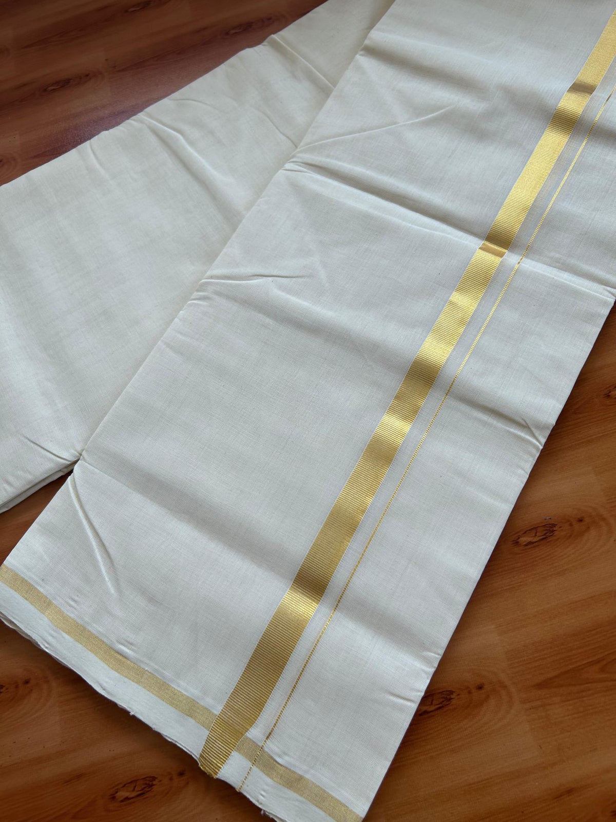 Off White (Unbleached) Double Mundu/Dhoti - 25% Discount! KaithariKada Handloom Millpaav - Kerala Handloom - 100% Pure Cotton - 80x90 - 0.75 inch Gold Kasav Kara 4 Meters (8.5 Muzham) - 41 KK5508 RAM