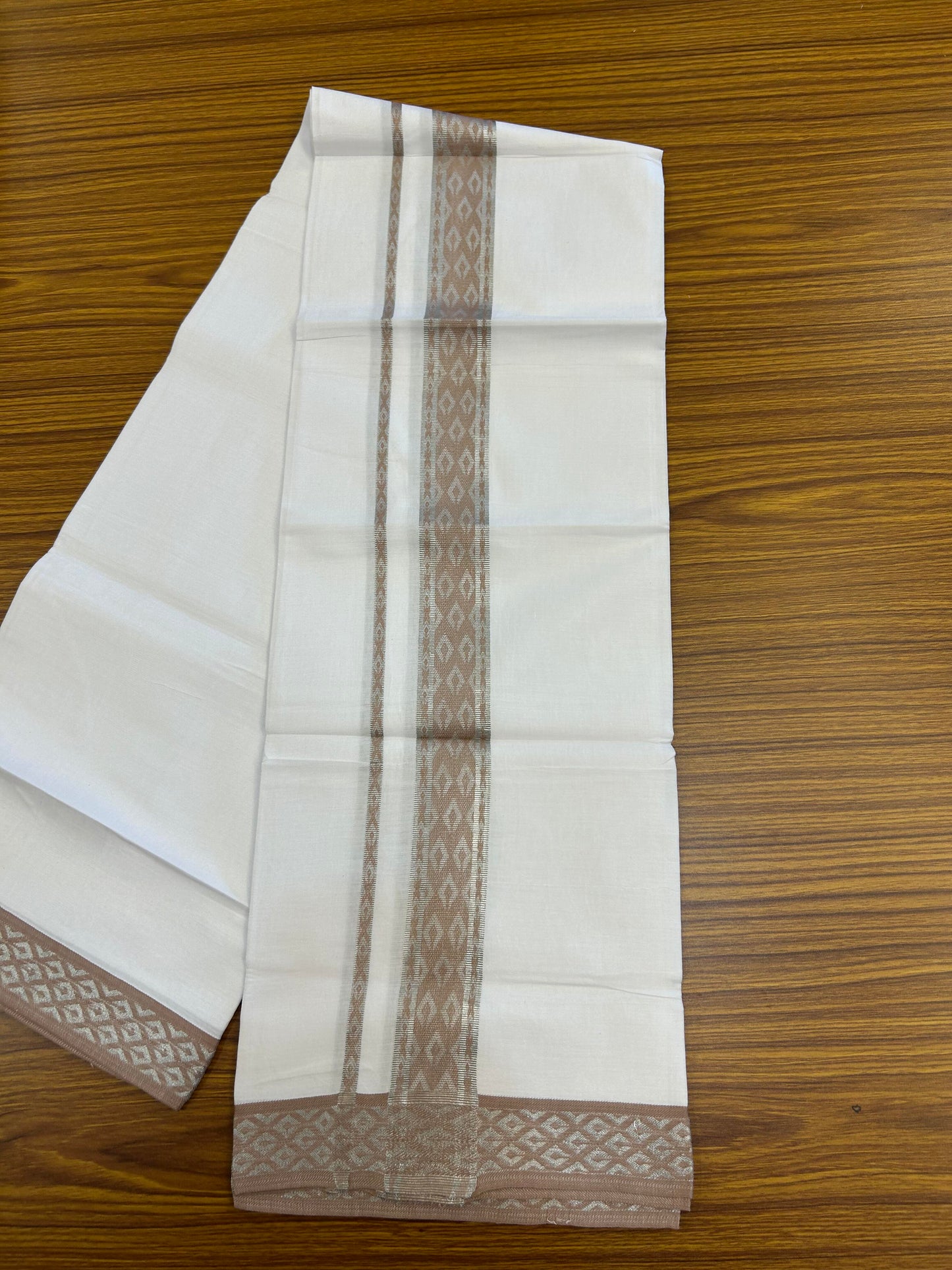 20% Discount ! KaithariKada Balaramapuram 100% Pure Cotton Single Pure White Mundu/Dhoti - 70X30 - 1.75 inch Silver Kasav & Dusty Peach Jacquard Design kara 1.90 mtr (4 Muzham) - 10 KK5360 CJT