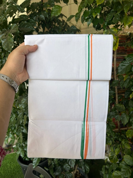 Congress Vesti - 20% Discount ! KaithariKada 100% Cotton Single Pure White Mundu/Dhoti - Twisted 100s Thread - 0.75 inch Puliyilakkara Orange White & Green Chutty Kara (2 meter / 4 muzham) - 10 KK5296 ASH