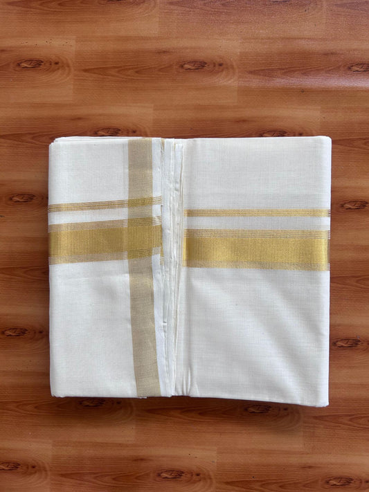 Off White (Unbleached) Double Mundu/Dhoti - 25% Discount! KaithariKada Handloom Millpaav - Kerala Handloom - 100% Pure Cotton - 80x90 - 1.5 inch Gold Kasav striped Kara 4 Meters (8.5 Muzham) - 35 KK5508 RAM