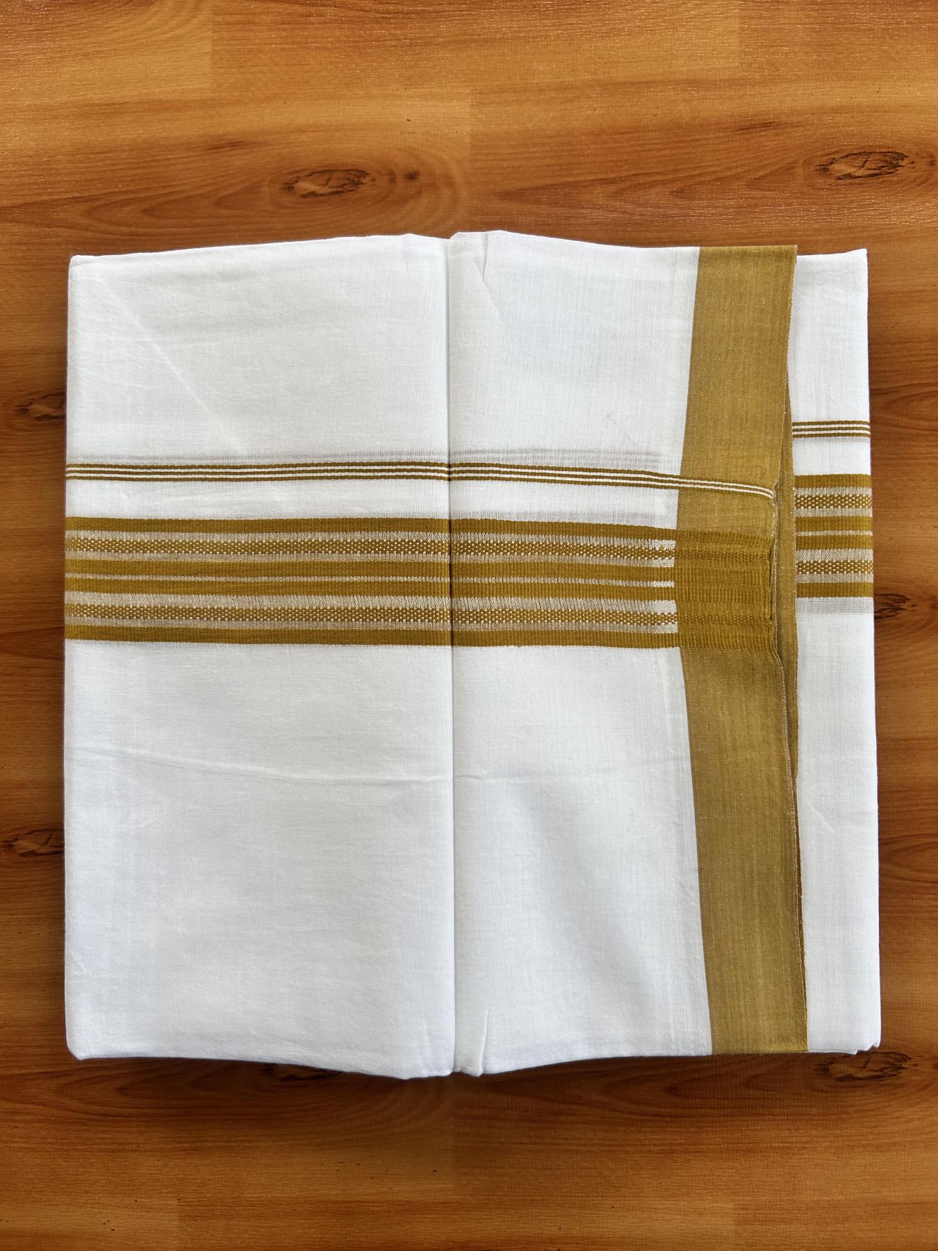 Double Pure white Mundu/Dhoti- 20% Discount! KaithariKada Balaramapuram 100% Cotton  - 100X80 - 1.5 inch Dark Yellow  Shaded Striped kara - 3.90 mtr (8 muzham) - 8 KK5444 VIN