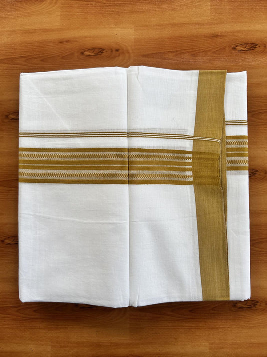 Double Pure white Mundu/Dhoti- 20% Discount! KaithariKada Balaramapuram 100% Cotton  - 100X80 - 1.5 inch Dark Yellow  Shaded Striped kara - 3.90 mtr (8 muzham) - 8 KK5444 VIN