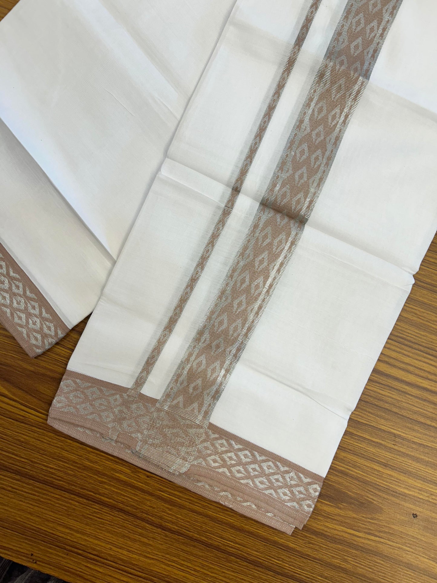 20% Discount ! KaithariKada Balaramapuram 100% Pure Cotton Single Pure White Mundu/Dhoti - 70X30 - 1.75 inch Silver Kasav & Dusty Peach Jacquard Design kara 1.90 mtr (4 Muzham) - 10 KK5360 CJT