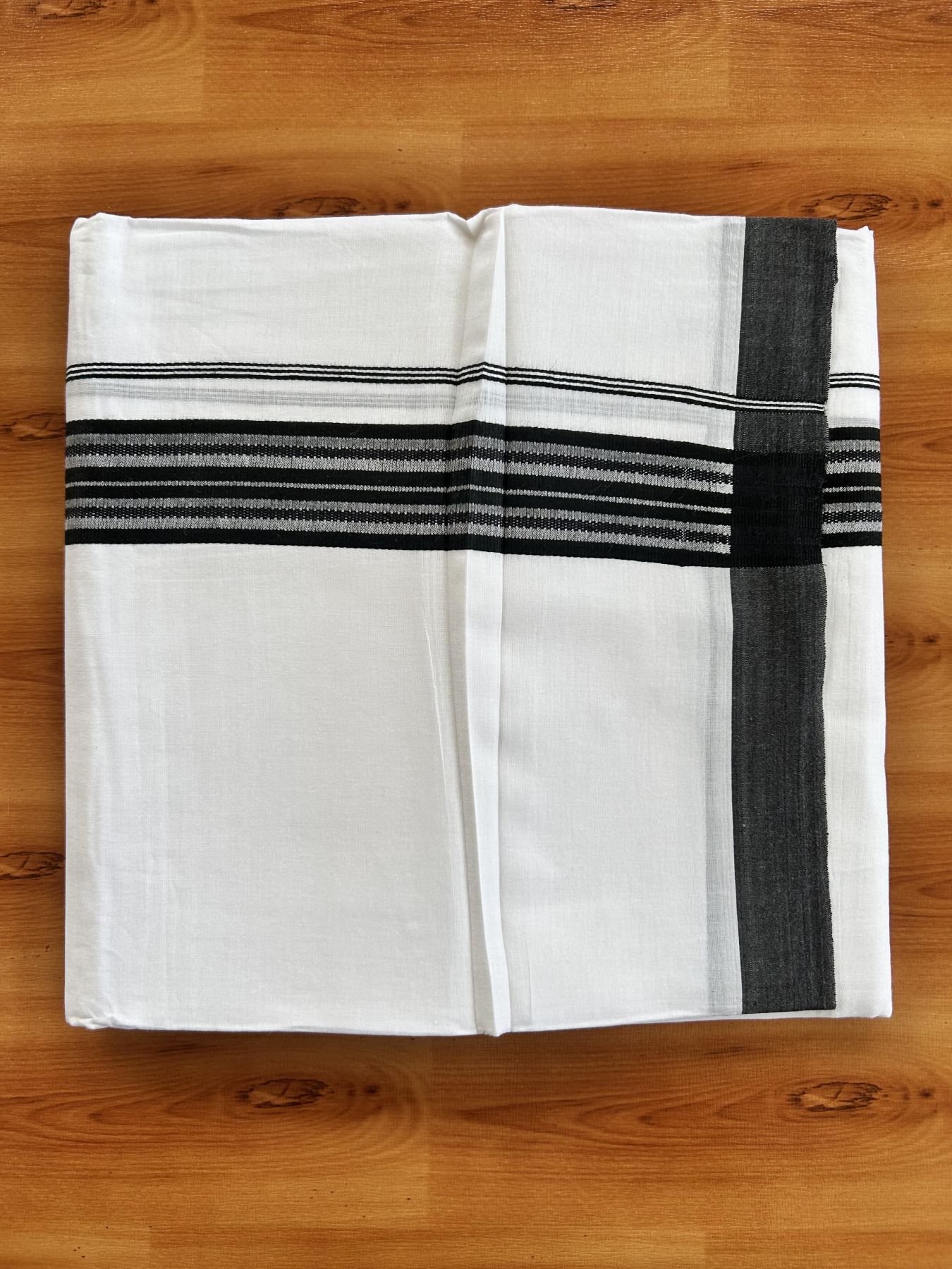 Double Pure white Mundu/Dhoti- 20% Discount! KaithariKada Balaramapuram 100% Cotton  - 100X80 - 1.5 inch Black Shaded Striped kara - 3.90 mtr (8 muzham) - 1 KK5444 VIN