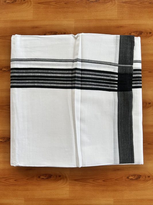 Double Pure white Mundu/Dhoti- 20% Discount! KaithariKada Balaramapuram 100% Cotton  - 100X80 - 1.5 inch Black Shaded Striped kara - 3.90 mtr (8 muzham) - 1 KK5444 VIN