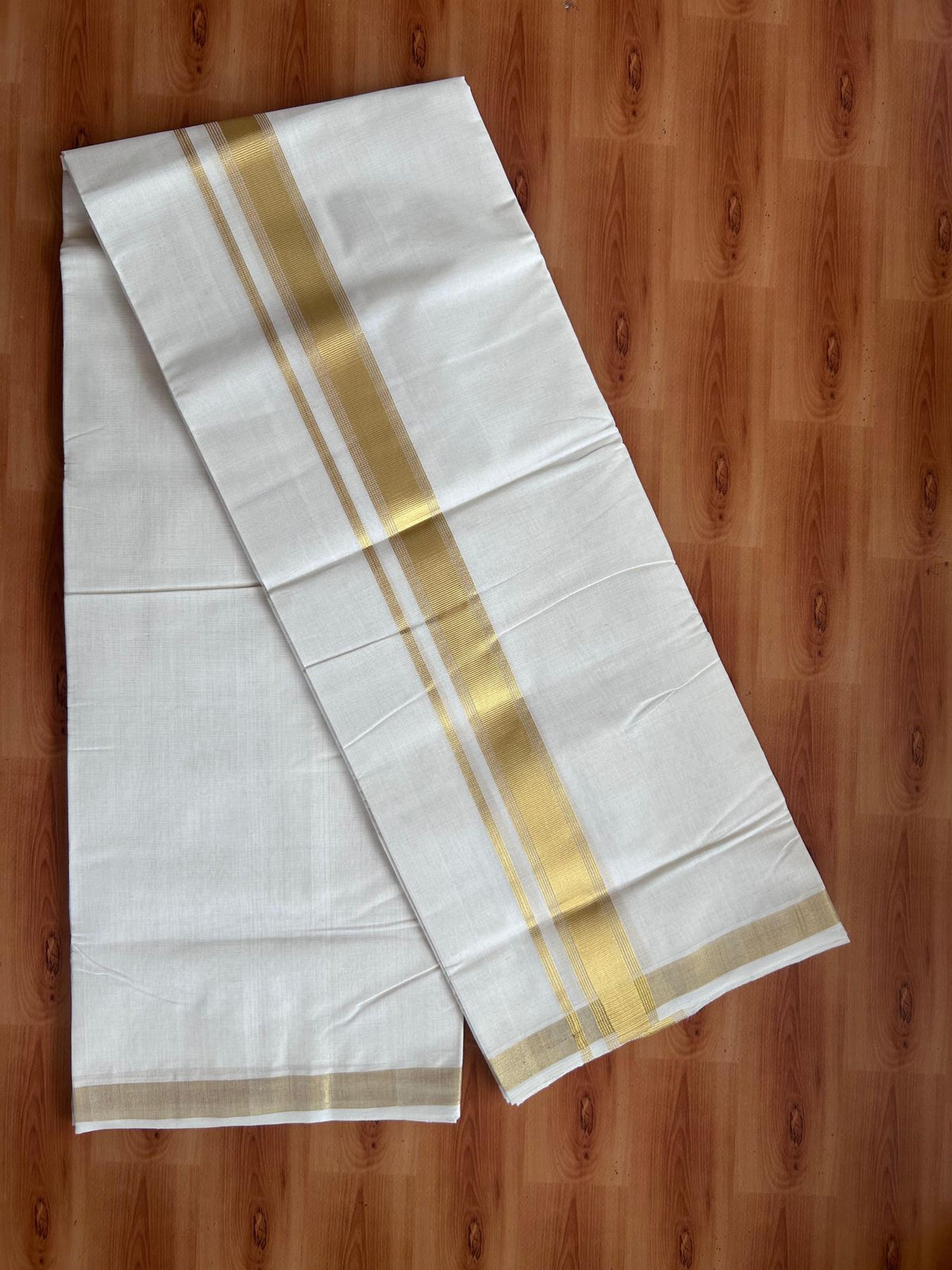 Off White (Unbleached) Double Mundu/Dhoti - 25% Discount! KaithariKada Handloom Millpaav - Kerala Handloom - 100% Pure Cotton - 80x90 - 1.5 inch Gold Kasav striped Kara 4 Meters (8.5 Muzham) - 35 KK5508 RAM