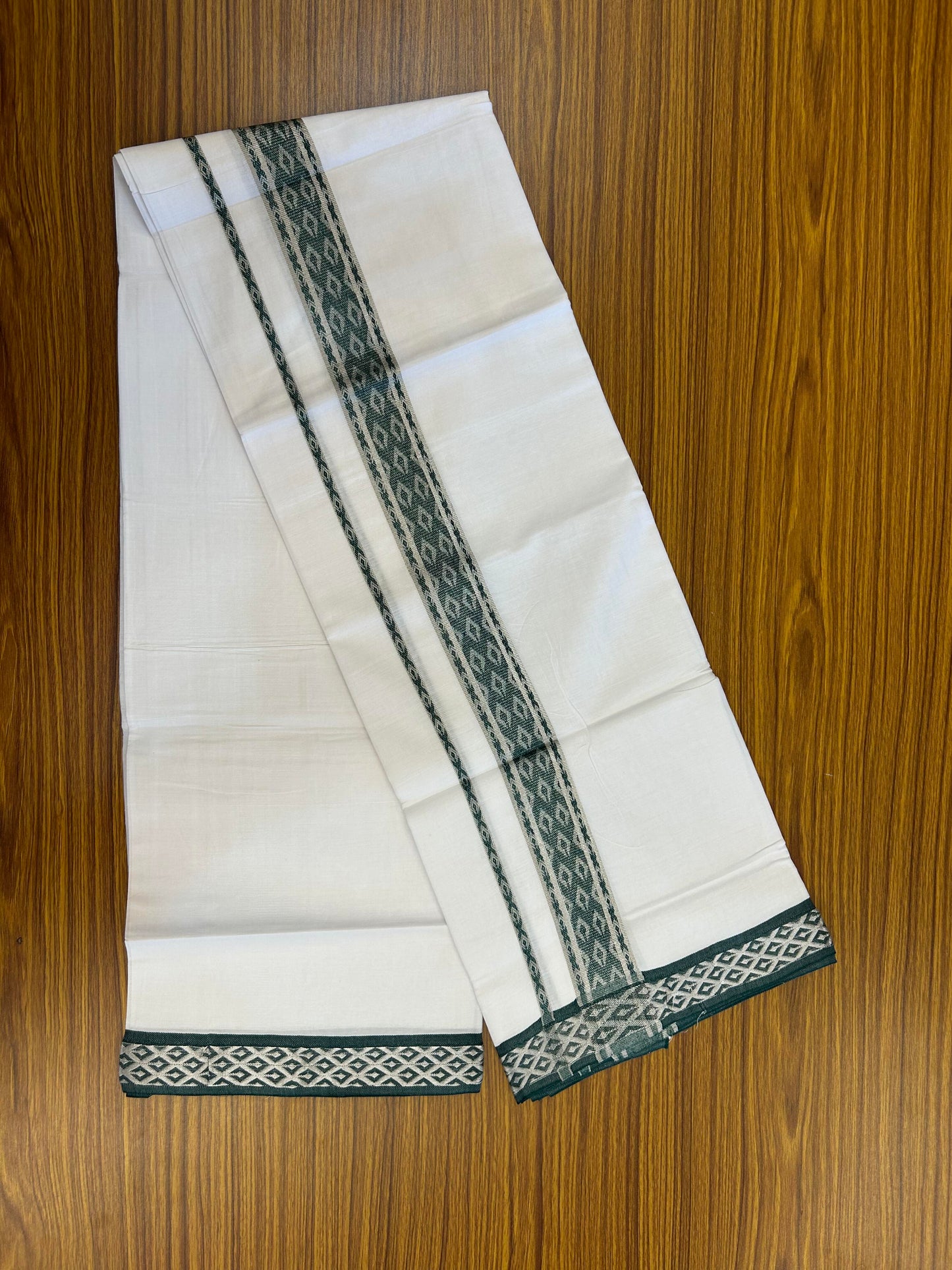 20% Discount ! KaithariKada Balaramapuram 100% Pure Cotton Single Pure White Mundu/Dhoti - 70X30 - 1.75 inch Silver Kasav & Dark Green Jacquard Design kara 1.90 mtr (4 Muzham) - 9 KK5360 CJT