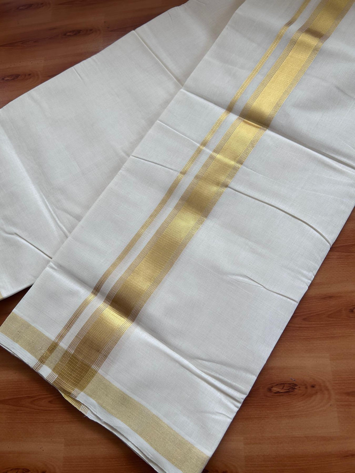 Off White (Unbleached) Double Mundu/Dhoti - 25% Discount! KaithariKada Handloom Millpaav - Kerala Handloom - 100% Pure Cotton - 80x90 - 1.5 inch Gold Kasav striped Kara 4 Meters (8.5 Muzham) - 35 KK5508 RAM