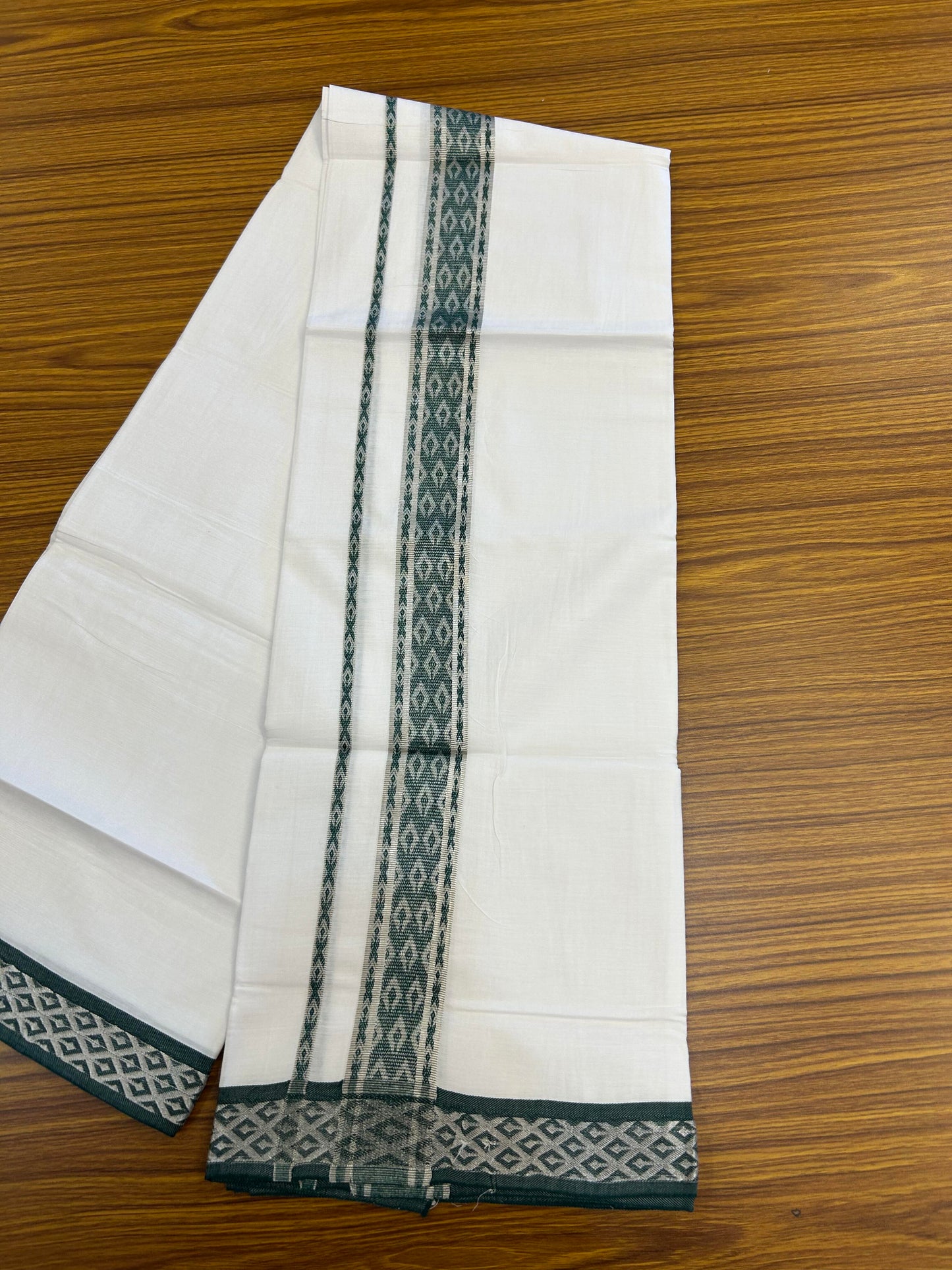 20% Discount ! KaithariKada Balaramapuram 100% Pure Cotton Single Pure White Mundu/Dhoti - 70X30 - 1.75 inch Silver Kasav & Dark Green Jacquard Design kara 1.90 mtr (4 Muzham) - 9 KK5360 CJT