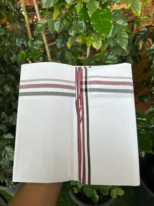 ADMK VESHTI - 20% DISCOUNT! KaithariKada 100% Cotton Pure White Single Mundu/Dhoti - 100X100 - 1 inch Black White & Maroon Shaded kara (2 meter / 4 muzham) - 7 KK5296 ASH