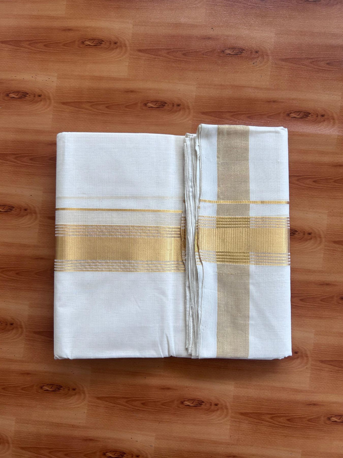 Off White (Unbleached) Double Mundu/Dhoti - 25% Discount! KaithariKada Handloom Millpaav - Kerala Handloom - 100% Pure Cotton - 80x90 - 2 inch Gold Kasav striped Kara 4 Meters (8.5 Muzham) - 36 KK5508 RAM