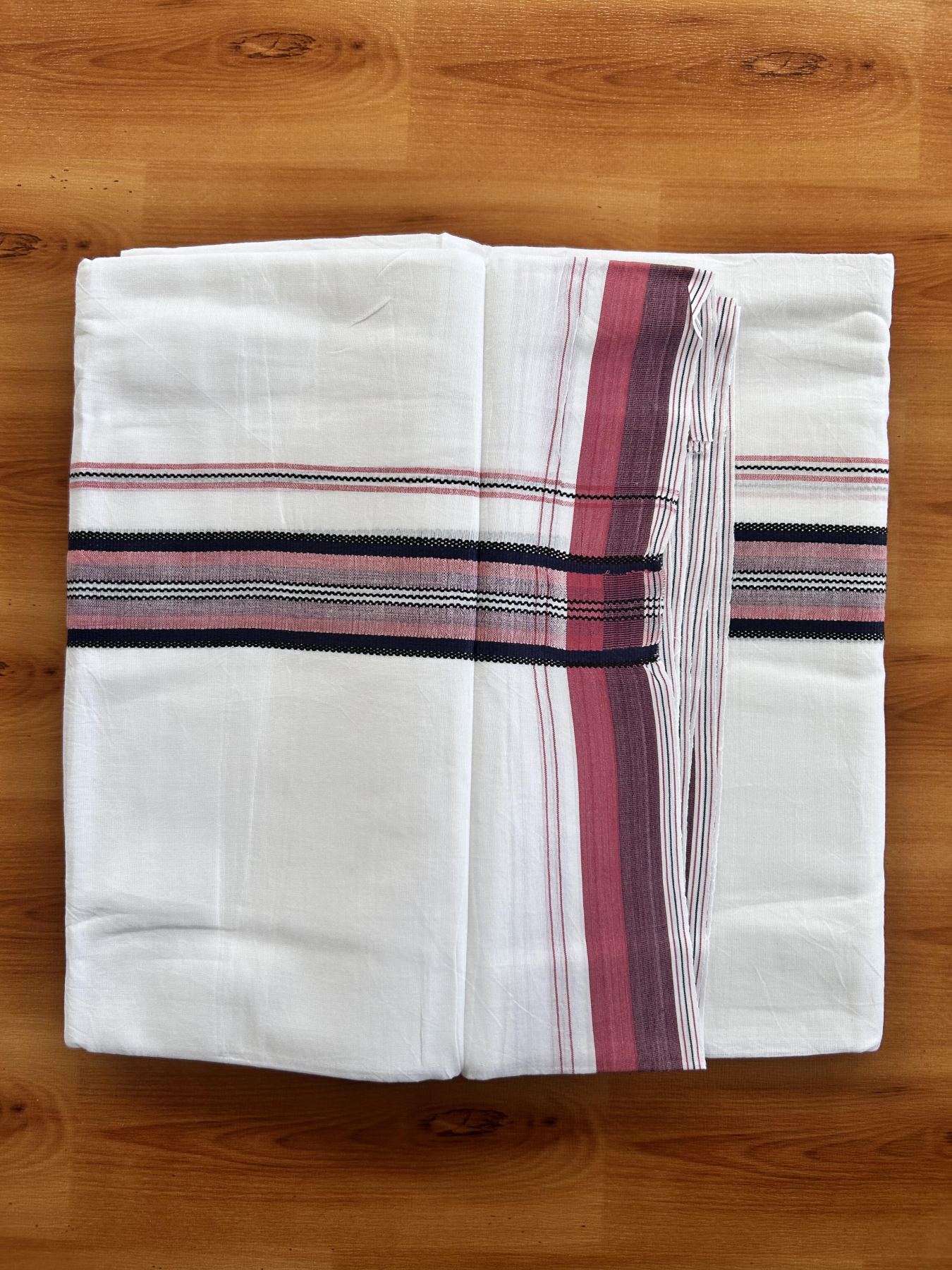 Double Pure white Mundu/Dhoti- 20% Discount! KaithariKada Balaramapuram 100% Cotton  - 100X80 - 1.25 inch Pink & Navy Blue & Black Shaded Design Striped kara - 3.90 mtr (8 muzham) - 20 KK5444 VIN