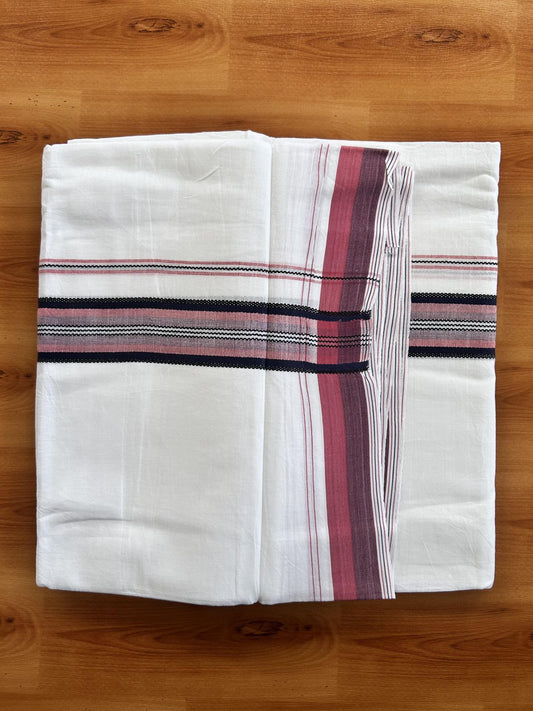 Double Pure white Mundu/Dhoti- 20% Discount! KaithariKada Balaramapuram 100% Cotton  - 100X80 - 1.25 inch Pink & Navy Blue & Black Shaded Design Striped kara - 3.90 mtr (8 muzham) - 20 KK5444 VIN