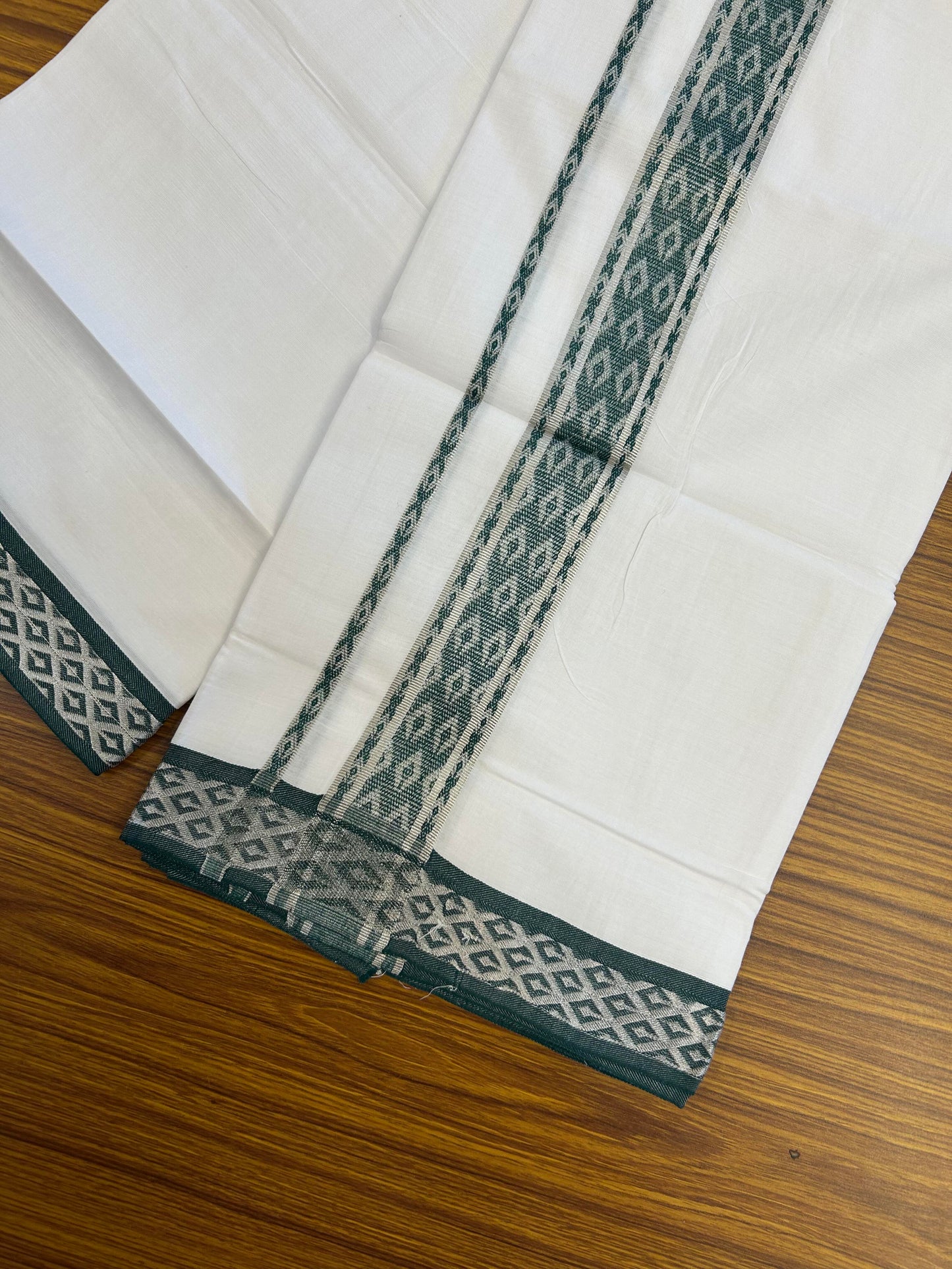 20% Discount ! KaithariKada Balaramapuram 100% Pure Cotton Single Pure White Mundu/Dhoti - 70X30 - 1.75 inch Silver Kasav & Dark Green Jacquard Design kara 1.90 mtr (4 Muzham) - 9 KK5360 CJT