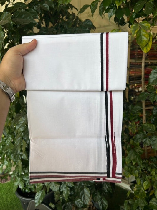ADMK VESHTI - 20% DISCOUNT! KaithariKada 100% Cotton off white Single - (Unbleached) Mundu/Dhoti - 100X100 - 1 inch Black White & Maroon Chutty kara - 6 KK5296 ASH