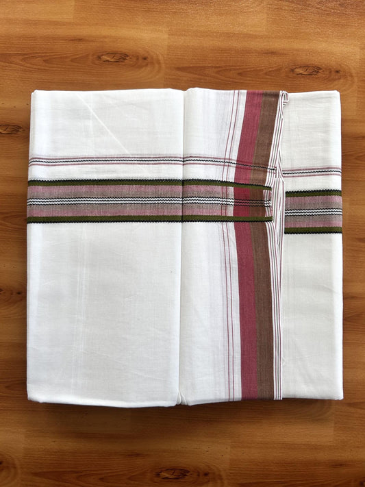 Double Pure white Mundu/Dhoti- 20% Discount! KaithariKada Balaramapuram 100% Cotton  - 100X80 - 1.25 inch Olive Green & Pink Shaded Design Striped kara - 3.90 mtr (8 muzham) - 14 KK5444 VIN