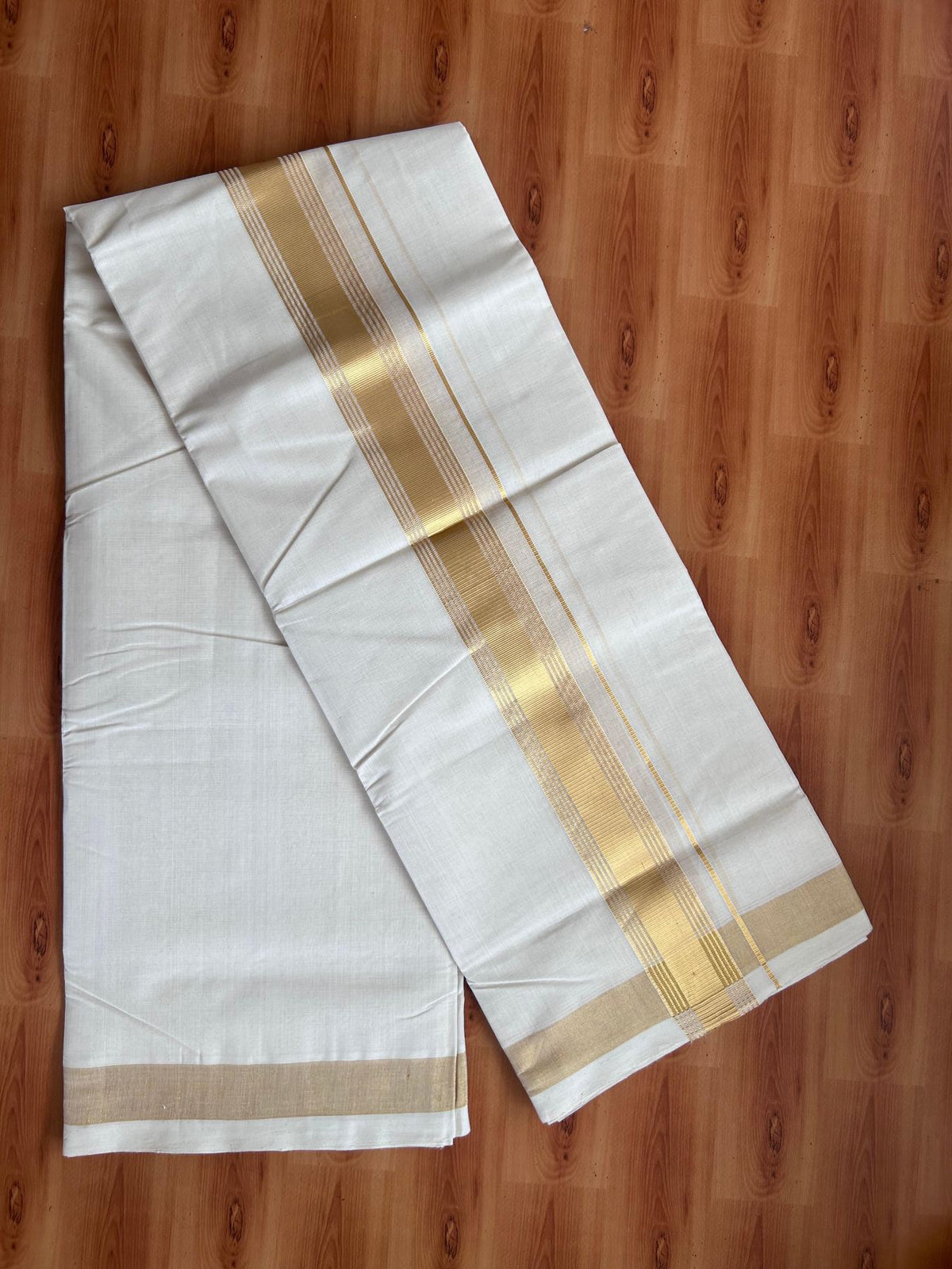 Off White (Unbleached) Double Mundu/Dhoti - 25% Discount! KaithariKada Handloom Millpaav - Kerala Handloom - 100% Pure Cotton - 80x90 - 2 inch Gold Kasav striped Kara 4 Meters (8.5 Muzham) - 36 KK5508 RAM