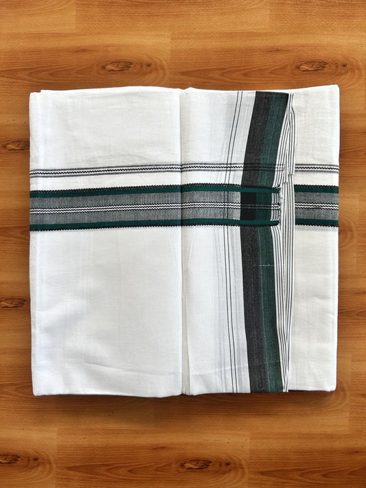 Double Pure white Mundu/Dhoti- 20% Discount! KaithariKada Balaramapuram 100% Cotton  - 100X80 - 1.25 inch Green & Black Shaded Design Striped kara - 3.90 mtr (8 muzham) - 11 KK5444 VIN