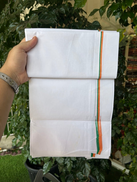 BJP VESHTI - 20% DISCOUNT! KaithariKada 100% Cotton Single Pure white - Mundu/Dhoti - Twisted 100s Thread - 0.5 inch Puliyilakkara Orange & Green Chutty Kara - (2 meter / 4 muzham) - 11 KK5296 ASH